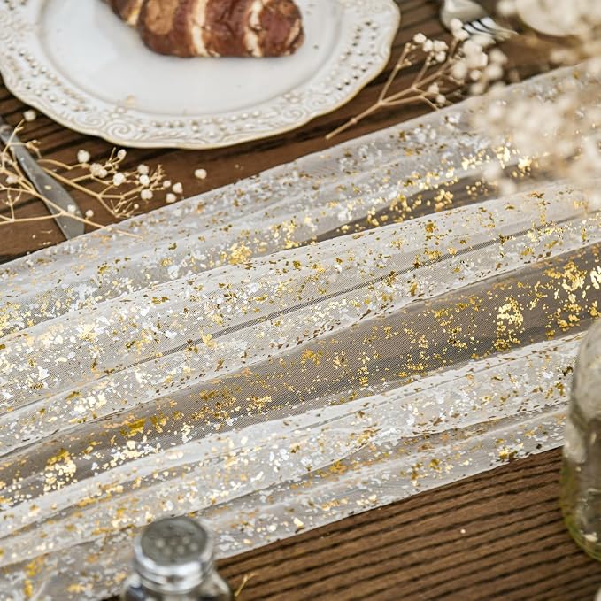Artoid Mode Beige Gold Gauze Table Runner 120 Inch 10Pcs, Glitter Metallic Foil - Image 3