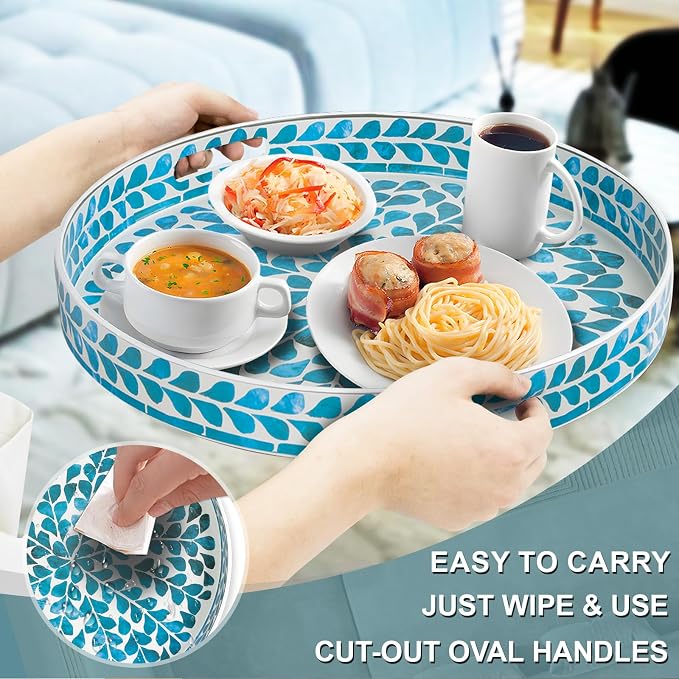 Plastic Serving Tray with Handles, CircleOttoman Tray, Sticker Tray with Leaf - Image 3