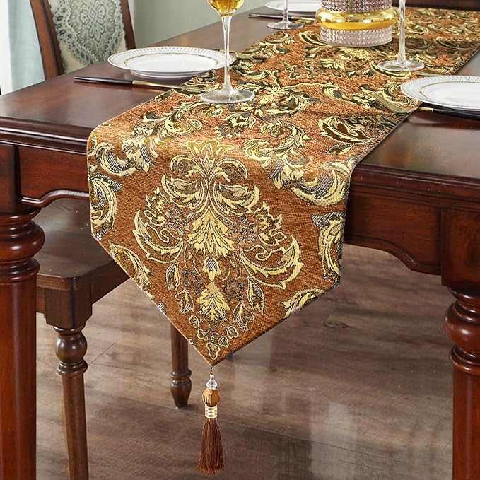 Vintage Table Runner 13x98 Premium Chenille Caramel Euro Floral Pattern | by HeMiaor
