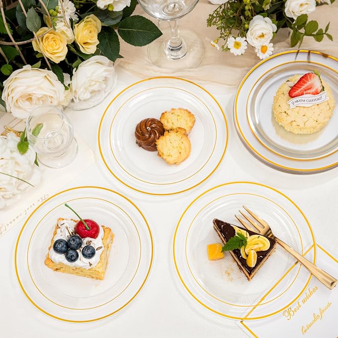 bUCLA 100 Pieces Clear Gold Plastic Plates Disposable - Image 5