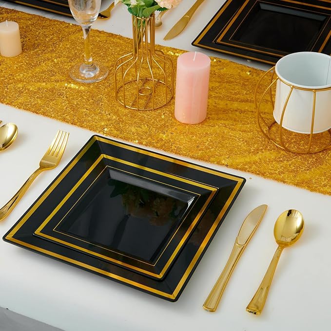 25 Guests Plastic Plates Set Gold Disposable Dinnerware Set | Include 25 Pc 10" - Image 2