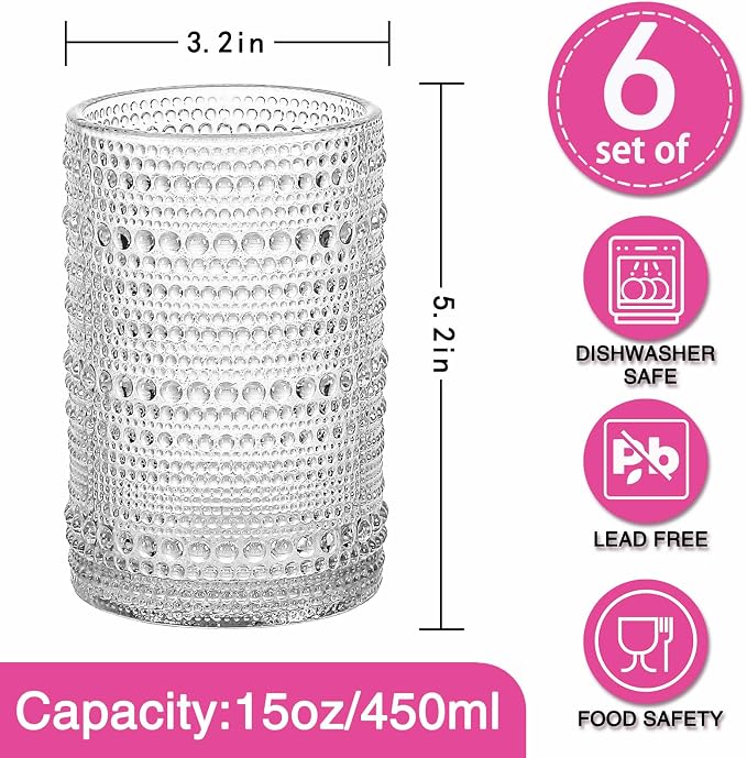 Consou Large Glasses Set of 6, 15 oz Hobnail Glassware Thick Glass Heavy Base - Image 2