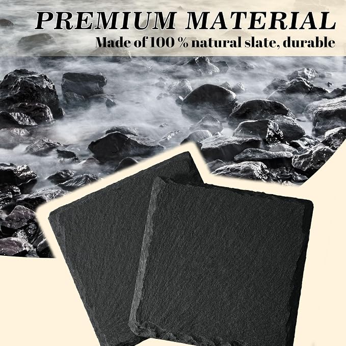 Slate Coasters Set 12, MAPRIAL 4 Inch Square Rustic Black Stone Coasters - Image 9