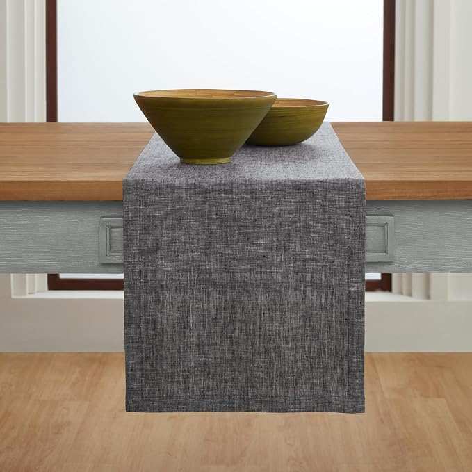 Solino Home 100% Pure Linen Table Runner Black Long, Athena 14 x 132 in | Table - Image 2