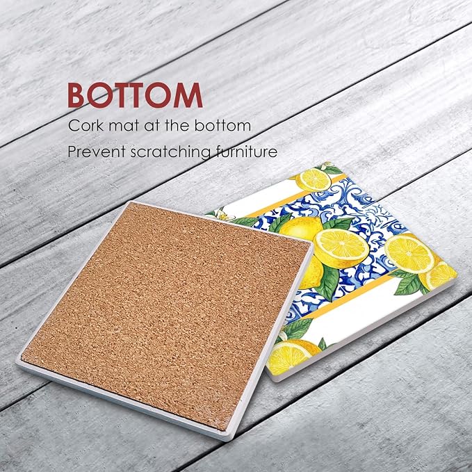 Lemon Yellow Coasters for Drinks, Ceramic Stone | Blue Fruit Tile Absorbent - Image 3