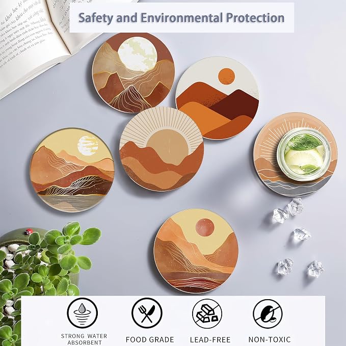 6 Pcs Coasters for Drinks with Holder, Boho Mountain Sun Absorbent Ceramic - Image 4
