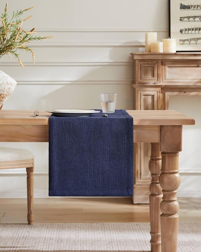 Burlap Style Farmhouse Table Runner, 14x48 Inches Navy | Thick Durable Fabric - Image 2