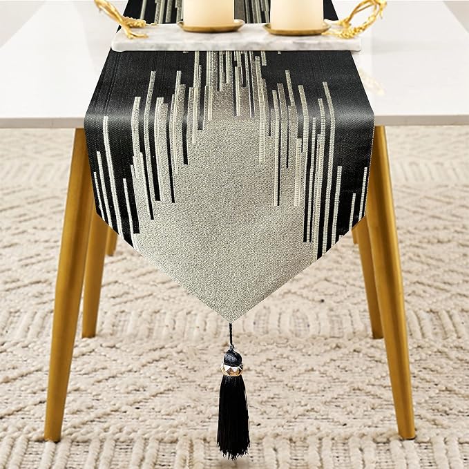 Luxury Black and Gold Table Runner 98 Inches Long, Modern Geometry Striped | - Image 2