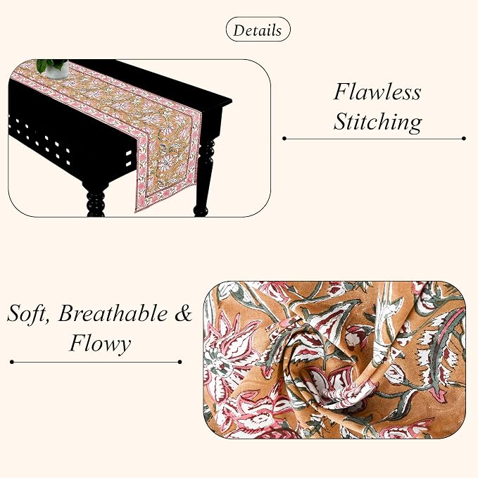 Biscotti Yellow Fabric Hand Block Print 100% Cotton Reusable Table Runner 16" X - Image 3