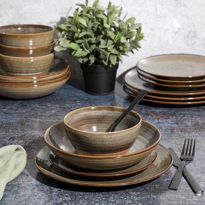 Gibson Elite 16 Piece Dreamweaver Double Bowl Terracotta Reactive Dinnerware Set - Image 6