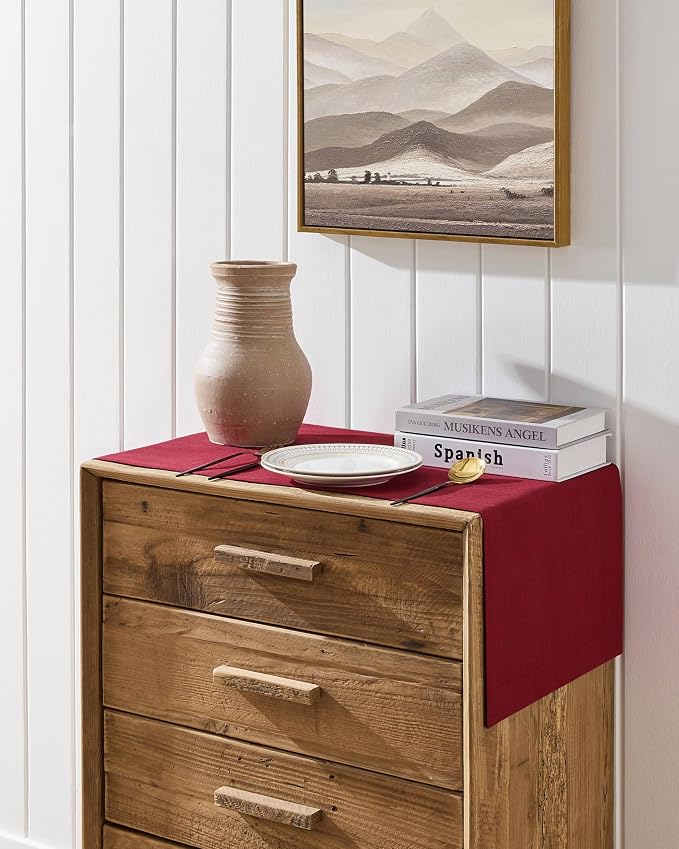 Linen Textured Border Table Runner, 14 x 90 Inch Red | Mitered Corner Design - Image 2