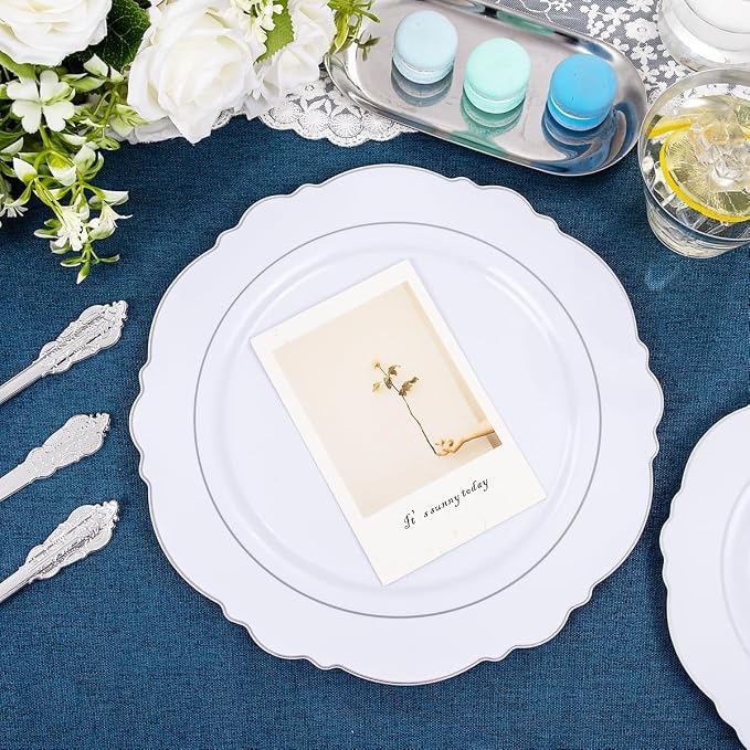 350PCS Silver Plastic Plates-Disposable White and Silver Plates 50guest Baroque - Image 4