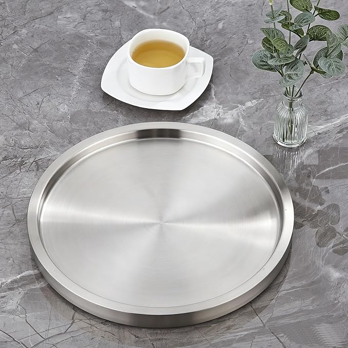 Stainless Steel Round Bar Serving Tray 12.5", Double Wall, Ideal Coffee Table - Image 2