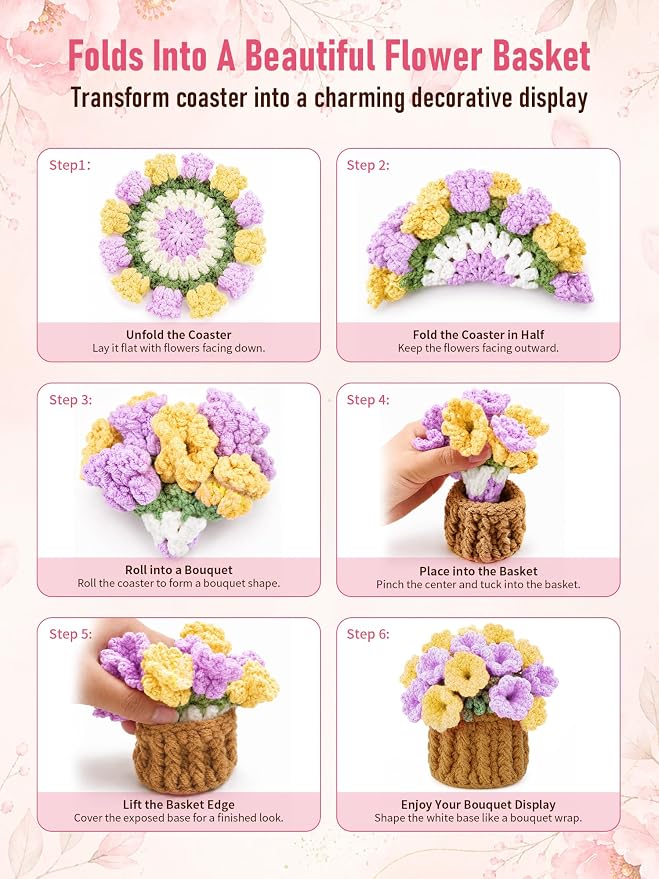 Crochet Flower Bouquet Coasters, Cotton Tulip Gift - Image 3