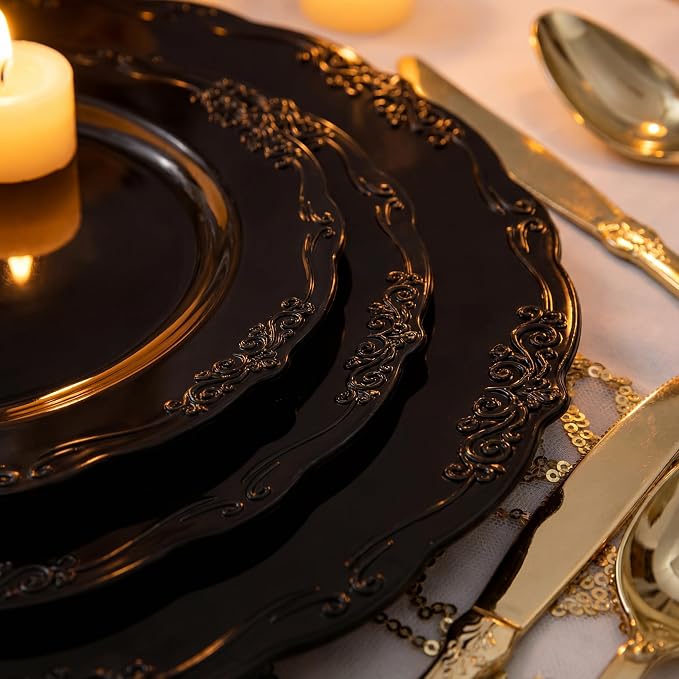 U-QE 100PCS Black Plastic Plates, Heavy Duty Black Plates Including 50PCS 10'' - Image 4