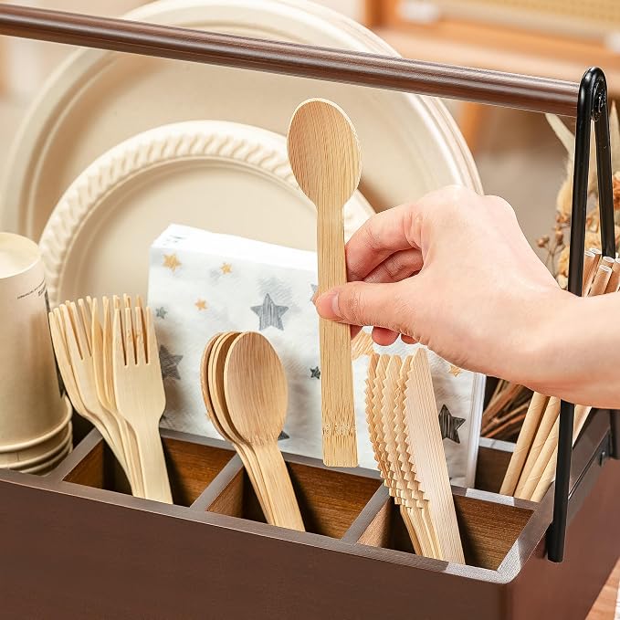 PTSTING Silverware Caddy with Handle Acacia Wood, Paper Plate Dispenser | - Image 3