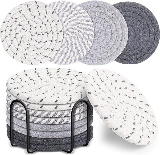 8 Pcs Drink Coasters with Holder, 4 Colors Absorbent Coasters, Minimalist by Mckanti