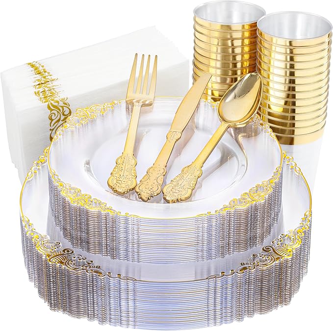Nervure 175Pcs Clear Plastic Plates, Plastic Dinnerware Set by Nervure