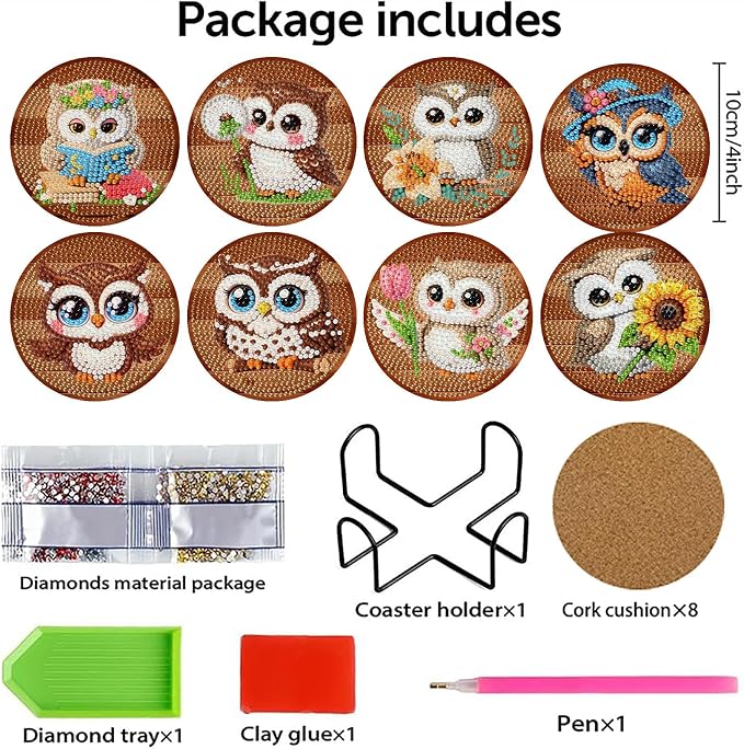 Mrnsiet 8PCS Owl Diamond Art Coasters Kits - Image 3