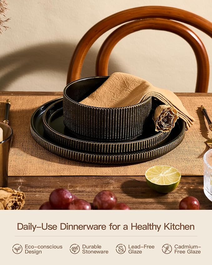 Ceramic Plates & Bowls Sets for 6, Handmade Reactive Glaze | Black Gold - Image 5