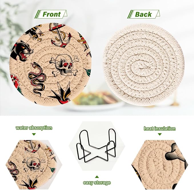 YETTASBIN Old School Tattoo 6 Pcs Drink Coasters - Image 4