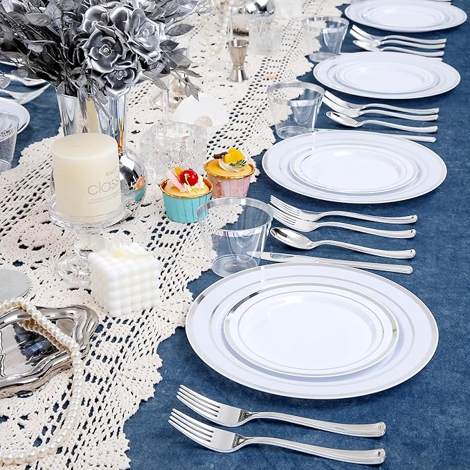 WELLIFE 600 PCS Silver Disposable Dinnerware Set - Image 8