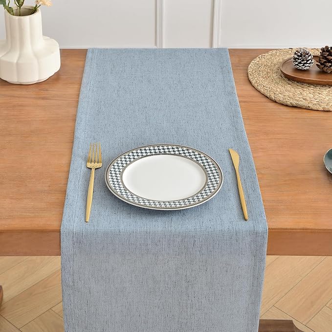 Wracra Linen Table Runner, Burlap Dusty Blue Table Runners 90 Inches Long | - Image 4