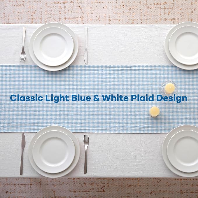 Light Blue White Plaid Gingham Ruffle Table Runner 90 inches Long 100% Washed - Image 4