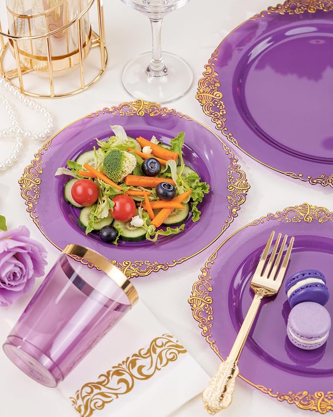 Nervure 175Pcs Clear Purple Plastic Plates, Dinnerware Set - Image 7