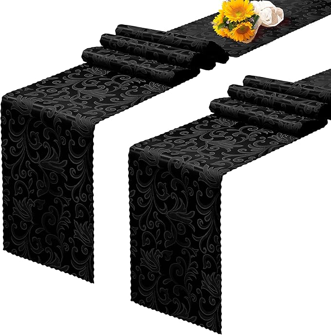 RUDONG M Black Satin Table Runners, 12 x 108 Inch, 2 Pack | Long Silky Damask by RUDONG+M