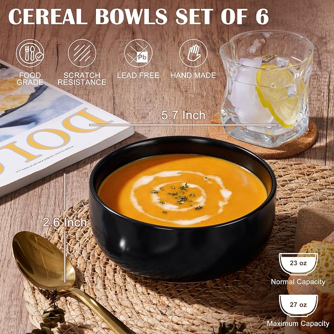 E-far Cereal Bowls Set of 6, 27oz Ceramic Deep Soup Bowls - Image 2