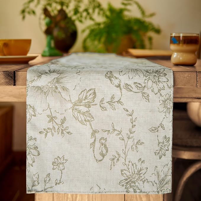 jinchan Green Floral Linen Table Runner 13 x 108 Inch Farmhouse | Soft floral - Image 4