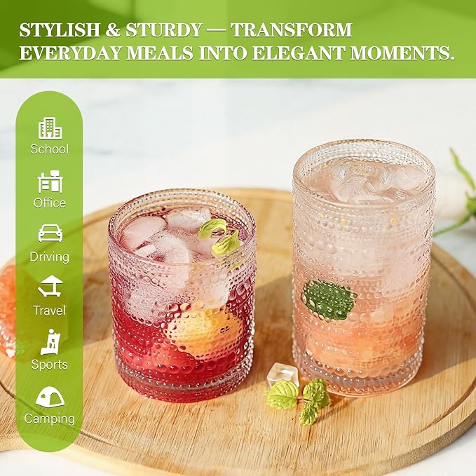 Hobnail Drinking Glasses Set of 4, 10oz Kitchen Water Glasses Cup & 12oz - Image 6