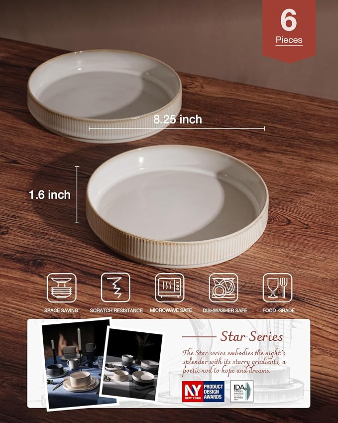 famiware Star 8.25" Pasta Bowls Set of 6, Bowl Plates, Cappuccino White | - Image 2