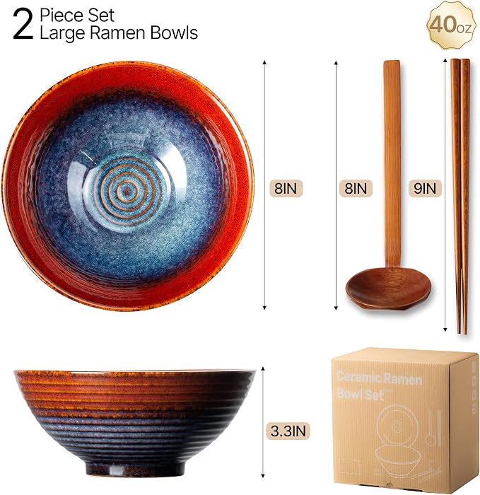 8 Inch Ceramic Ramen Bowl Set of 2, 40oz Japanese Bowls - Image 3