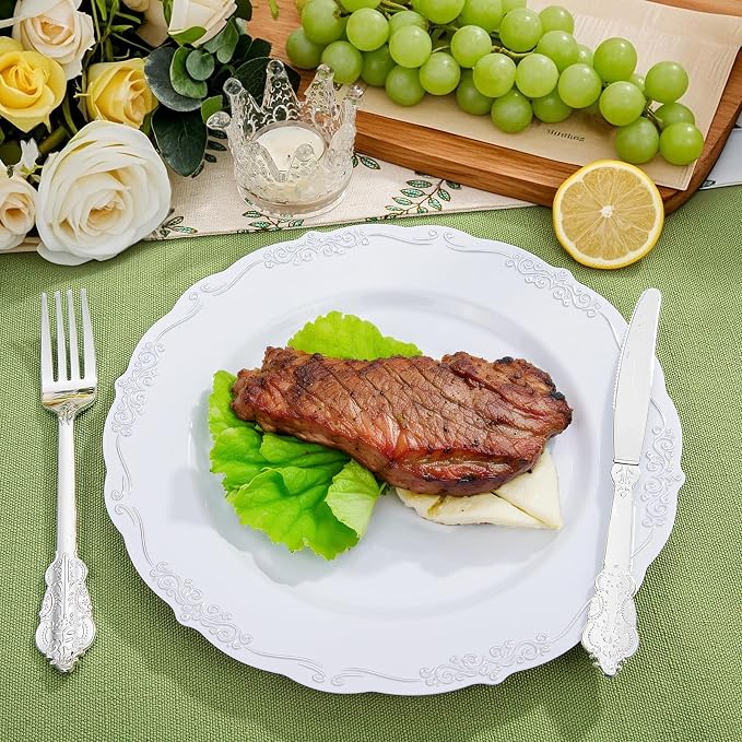 DaYammi 60PCS White and Silver Plastic Plates, Heavy Duty White and Silver - Image 3