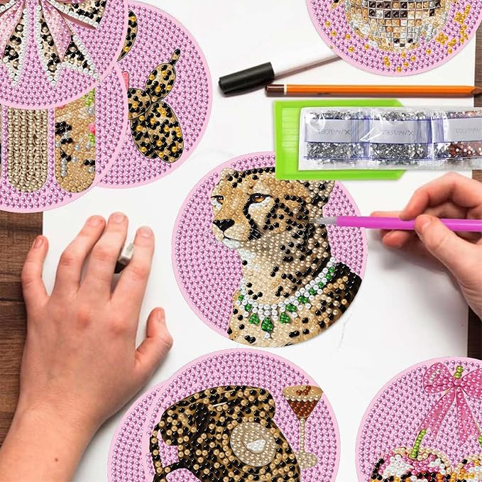 VIGEGU 8 Pack Pink Leopard Diamond Art Coasters Kits- Diamond Painting Coasters - Image 4
