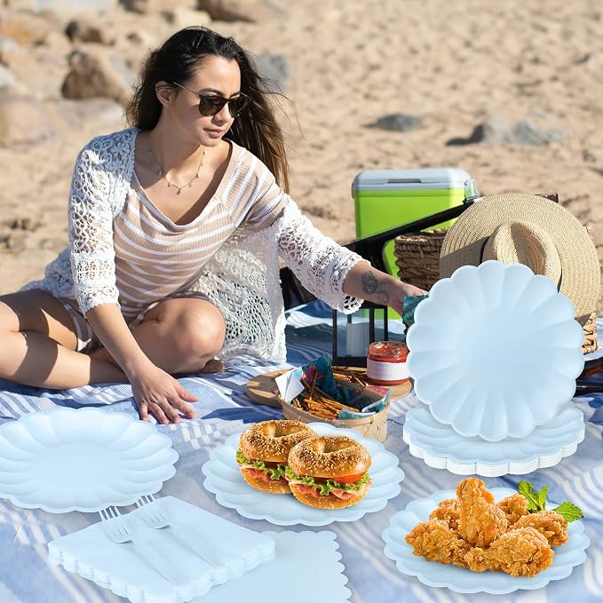 75 Pcs Blue Paper Plates and Napkins Disposable Tableware Set Include Light - Image 7