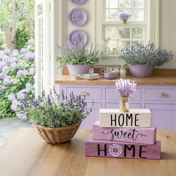 Cinnvoice 4 Pcs Farmhouse Wooden Tabletop Decor Purple Lavenderspring Rustic - Image 5