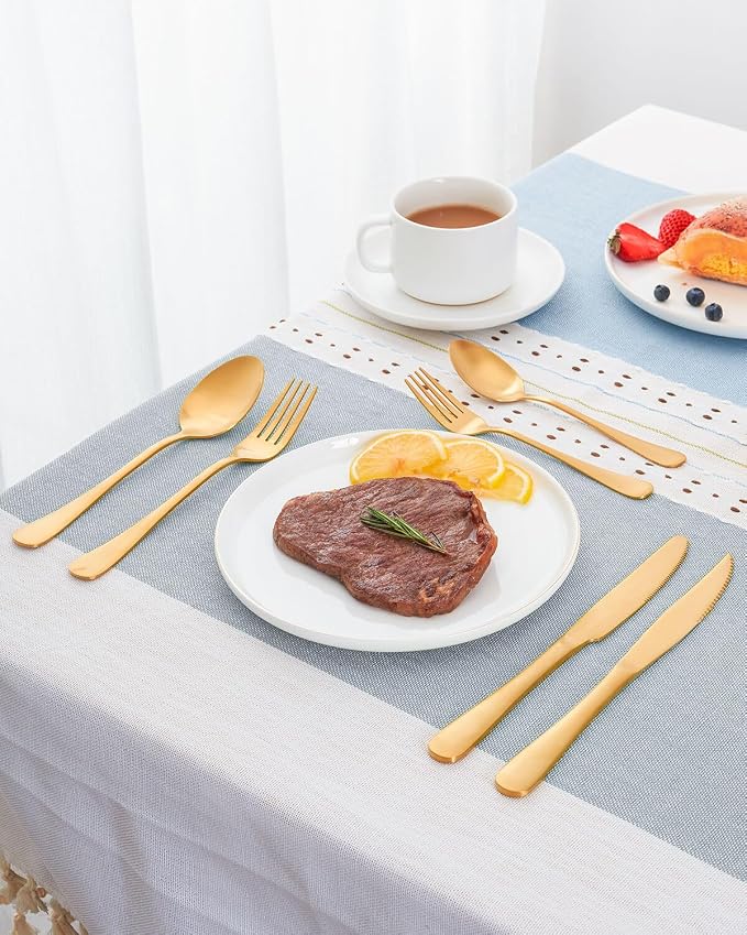 Matte Gold Silverware Set with Steak Knives, 24-Piece Stainless Steel Flatware - Image 7