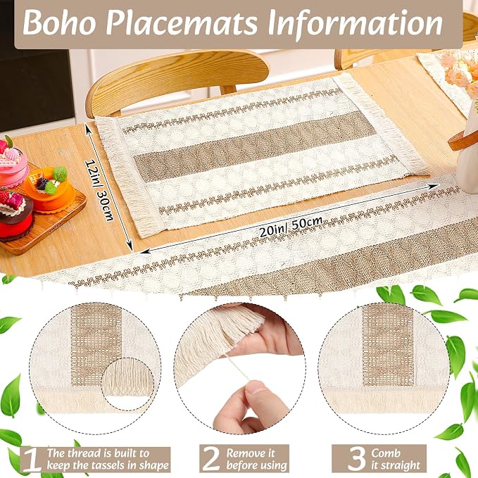 6 Sets Boho Decoration Placemats Round Woven Placemats, Cloth Napkins, Wood - Image 3