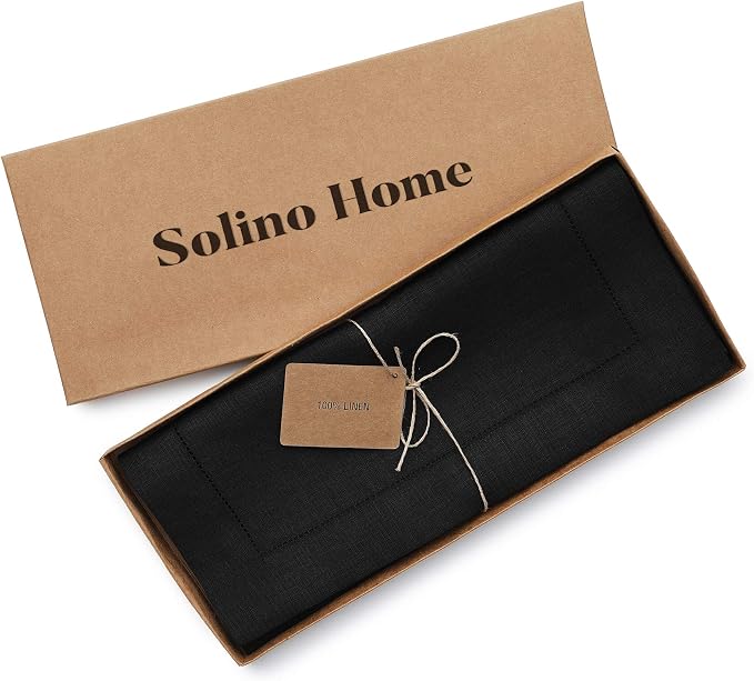Solino Home 100% Linen Table Runner Black, Classic Hemstitch 14 x 132 in | - Image 5
