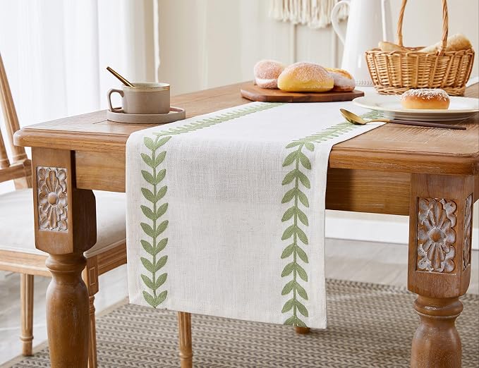 Wracra Embroidered Table Runner, Sage Green Table Runners 48 Inches Long | - Image 6