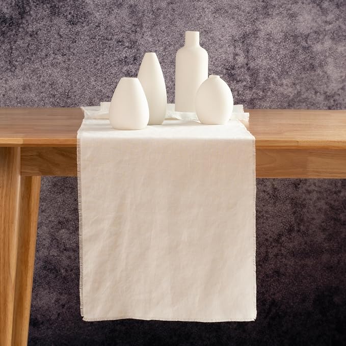 Table Runner with Fringe- 14x120 Inch Off White, 100% Pure Linen Table Runner by LinksloveHome