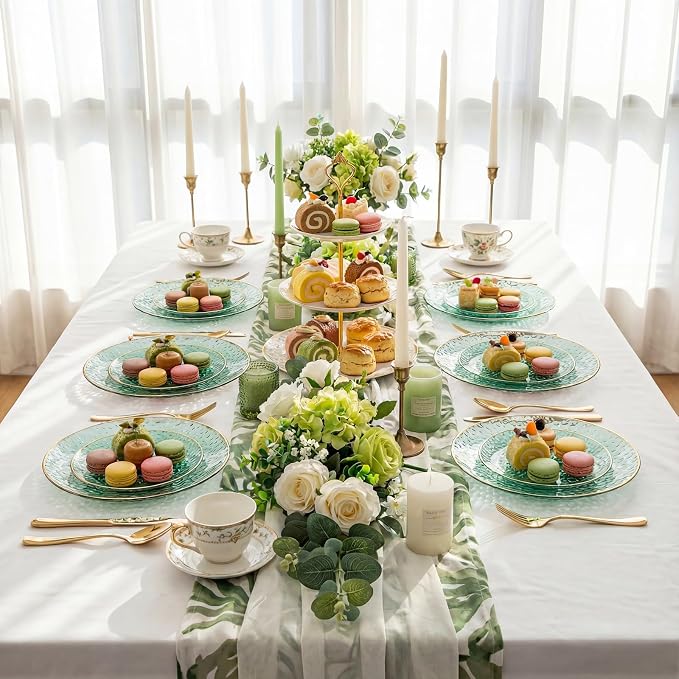 Rubtlamp 175 Pcs Green Plastic Plates Dinnerware Set, Hammered Plates Sets - Image 5