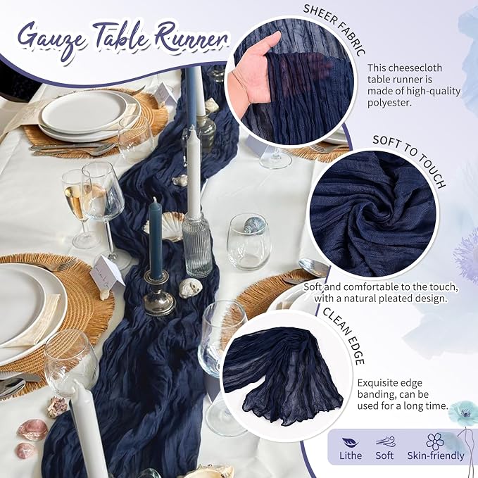 Showgeous 30 Pack Navy Blue Cheesecloth Table Runner, 17 x 108 Inches | Boho - Image 3