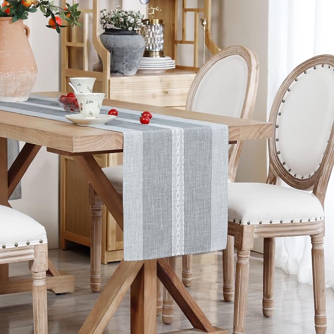 NEWISHER Farmhouse Braided Striped Embroidery Table Runner 72 inches Grey | - Image 9