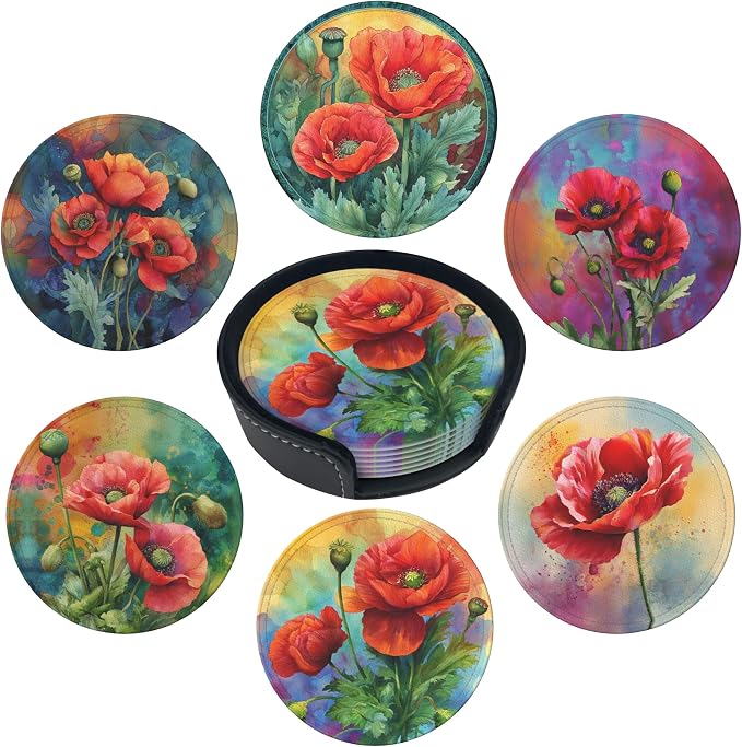 Red Flowers Coasters Leather Round Drink Coasters 6 Pcs Set by Yopiiefa