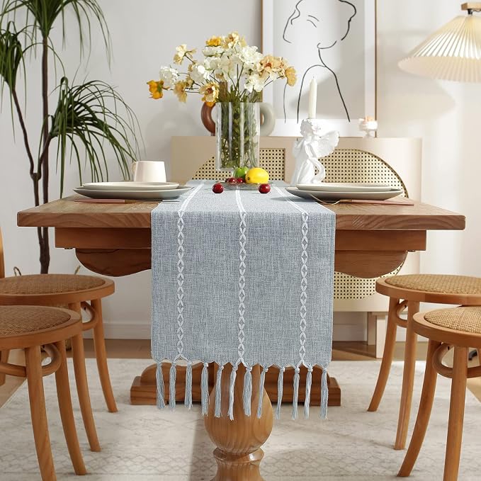 Wracra Rustic Linen Table Runner, Dusty Blue Table Runners 108 inches Long | - Image 7