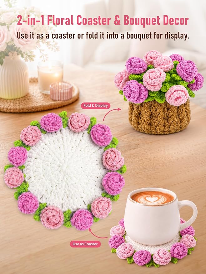 Crochet Flower Bouquet Coasters, Cotton Rose Gifts - Image 6
